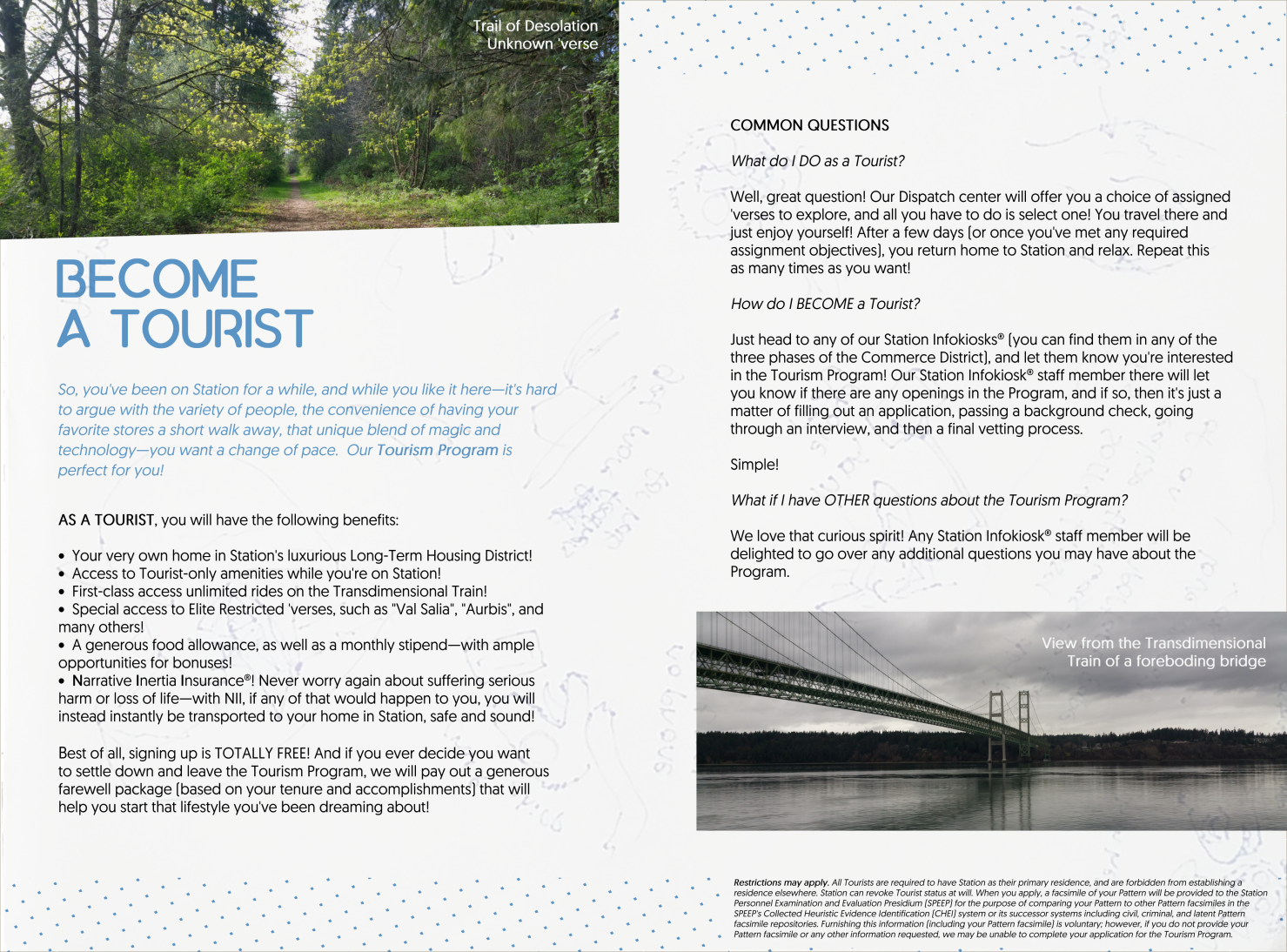 Other brochures available include: Navigatin' Station; How to have Safe Interspecies Sex; Uh Oh, I Fell; What ARE Narrative Physics?; and others